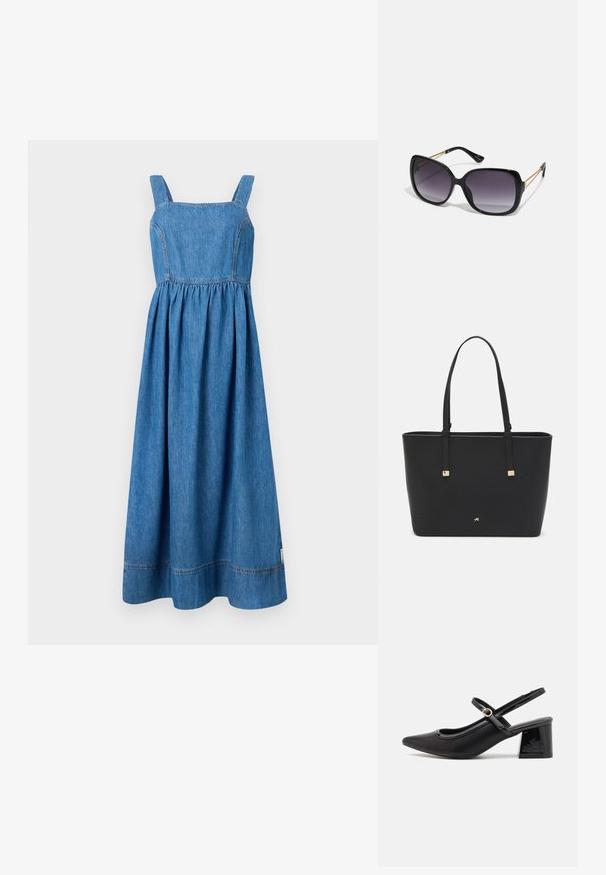 Denim dress with square neckline, wide straps, and gathered waist. Floor-length with a slightly flared silhouette and visible stitching details.; Black patent leather slingback heels with a pointed toe, a rounded cutout design, and a block heel. Features a gold-tone buckle accent.; Black oversized sunglasses with gradient lenses, thick frames, and gold-tone chain detailing on the temple arms.; Black tote bag made of synthetic material, featuring simple rectangular design, gold square accents, and double handles.