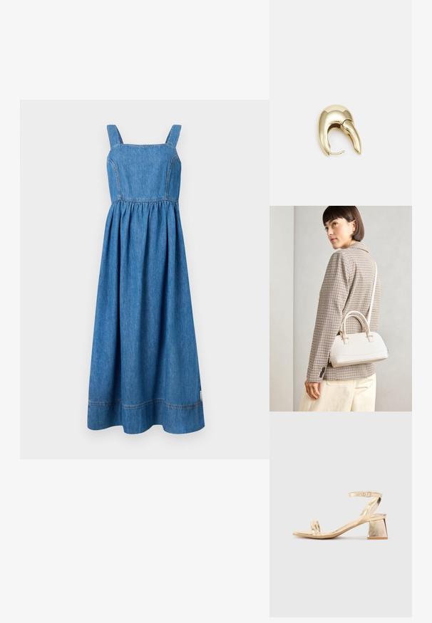 Denima kleita ar kvadrātveida dekoltē, platām siksnām un savilktu vidukli. Grīdas garuma ar nedaudz izplestu siluetu un redzamām šuvju detaļām.; Zeltīta metāla augstpapēžu sandale ar stūrveida bloka papēdi, divām siksniņām virs kājas un regulējamu potītes siksniņu. Gluda tekstūra.; Balta strukturēta roku soma ar īsām rokturiem un plecu siksnu, ar zelta aparatūras akcentiem un strukturētu materiālu, izstādīta uz pelēka fona.; Zeltīti metāla auskari ar gludu, izliekta dizaina. Ar atšķirīgu smailu formu, pulētu virsmu un eņģu aizdari.