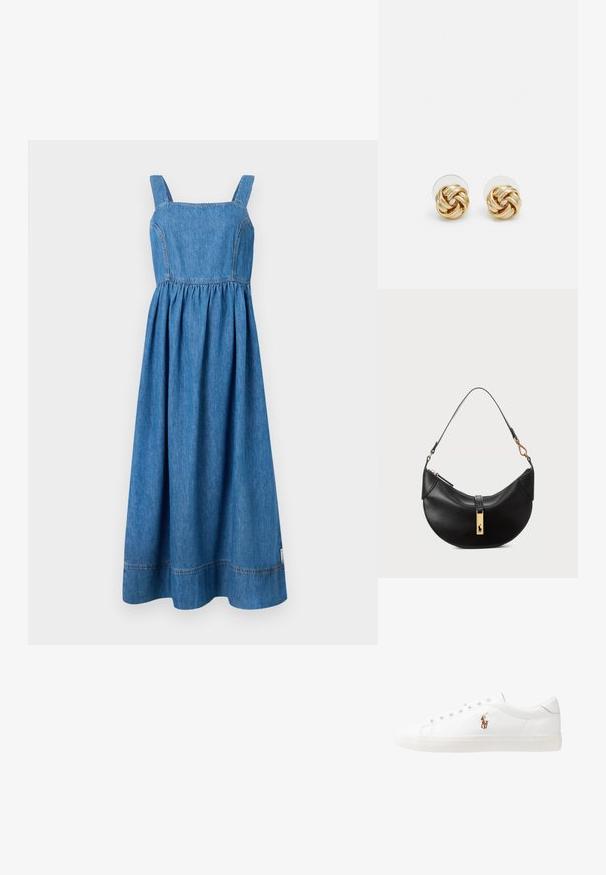 Denim obleka s kvadratnim izrezom, širokimi naramnicami in nabrano pasom. Dolga do tal s nekoliko razširjenim silhueto in vidnimi šivi.; Bela usnjena teniski čevlji, nizki model, z gladko teksturo, okrogle konice, vezavi spredaj ter majhnim vezenim logotipom na strani.; Črna usnjena torbica v obliki polmeseca. Ima zlato kovinsko dekoracijo in ozek trak. Gladka tekstura, z zadrgo na vrhu.; Klavirske uhani v zlatem tonu s zvitim dizajnom. Vsak uhán je opremljen s krožno prozorno podlago za zagotavljanje varne nošnje.