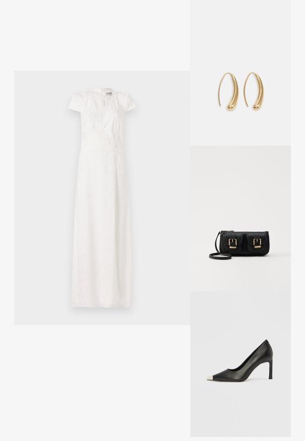 White maxi dress with short cap sleeves, deep V-neck, wrap design, and subtle textured pattern. Soft fabric with a flowing silhouette.; Black leather high heel shoe with a pointed toe and a metallic silver cap. Features a smooth finish and a slender 10 cm heel.; Black leather crossbody bag with two front pockets, gold buckles, zipper closure, and a slim strap. Textured surface and compact rectangular shape.; Gold-tone metal hoop earrings with a curved, elongated shape. Features a smooth, shiny surface and a rounded tip for added detail.
