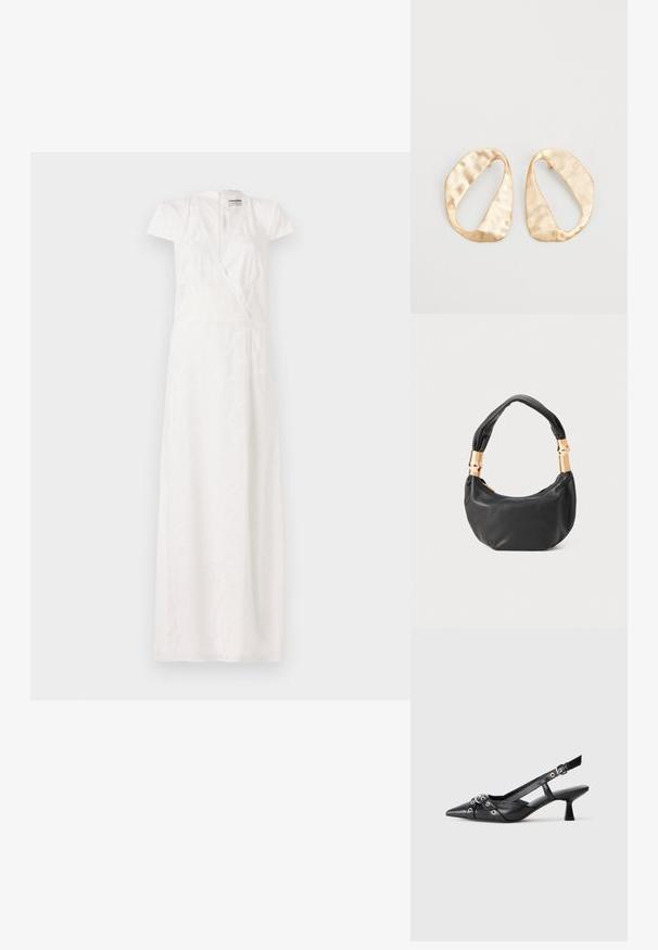 Vestido maxi branco com mangas curtas em formato de capa, decote V profundo, design envolvente e padrão texturizado subtil. Tecido suave com uma silhueta fluida.; Sapato slingback em couro preto com biqueira fina, tiras decorativas com ilhós de metal e um pequeno salto quadrado. Superfície texturizada.; Mala de mão em couro preto com forma redonda, textura suave e alça com nó, apresentando detalhes em metal dourado. Fecho em zíper.; Par de brincos irregulares em forma oval, feitos de metal dourado, com uma superfície texturizada e ligeiramente martelada, sobre um fundo branco.