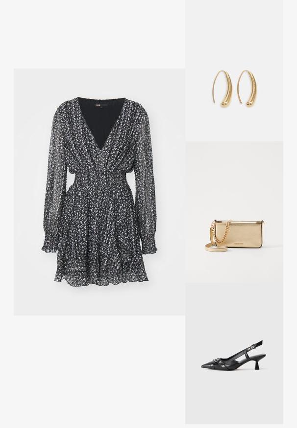 Černé mini šaty s dlouhým rukávem a malým bílým květinovým vzorem, véčkovým výstřihem, elastickým staženým pasem a volánovým lemem a manžetami.; Černé kožené slingback boty s špičatou špičkou, dekorativními pásky s kovovými očky a nízkým blokovým podpatkem. Texturovaný povrch.; Metalická zlatá kožená psaníčko s texturovaným povrchem, vybavená zlatým řetízkovým popruhem a odnímatelným ramenním popruhem. Vystouplé logo značky.; Náušnice ve tvaru kruhu z pozlaceného kovu s vroubkovaným, prodlouženým tvarem. Mají hladký, lesklý povrch a zaoblený konec pro zvýraznění detailu.