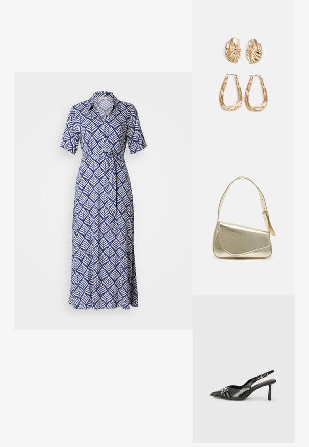 Tengernadrágú, tengerészkék ruha fehér levélmintával, galléros nyakkal és megkötős derékkal, lágy, térdhosszig érő szoknyával.; Fekete lakk bőr, hegyes orrú slingback cipő, boka pántokkal, ezüst csatokkal és hardverelemekkel, valamint karcsú sarkú.; Arany fémes kézi táska, strukturált dizájnnal, sima felülettel és állítható pánttal. Egyedi háromszög alakú, minimalistának mondható varrásokkal rendelkezik.; Aranyszínű fülbevalók, texturált, hullámos formákkal. Tartalmazza a szobrászati klipszes studokat és az open hoop kialakítást, kalapácsos felülettel.