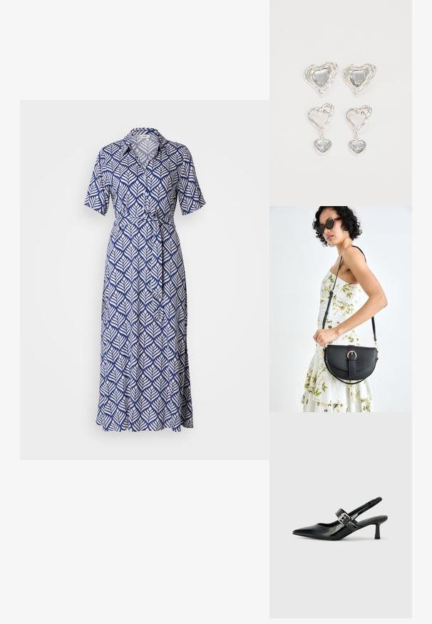 Abito a maniche corte di colore blu navy con motivo a foglie bianche, presenta un colletto e una vita legata, con una gonna fluida che arriva al ginocchio.; Décolleté neri in vernice con punta affilata e tacco a blocco piccolo, dotati di un accentuato con fibbia argentata sulla cinturino.; Borsa a tracolla nera in pelle con una forma curva, manico rimovibile e accessori dorati. La borsa presenta una patta con un dettaglio a fibbia.; Orecchini a forma di cuore in argento con pietre trasparenti sfaccettate, accompagnati da una cornice texturizzata. Il set include stili a bottone e a goccia.