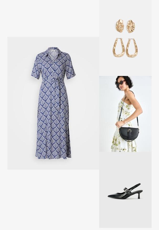Kratka obleka s kratkimi rokavi v mornarsko modri barvi z belim vzorcem listov, ima ovratnik in zavezan pas, s hodno, do kolen segajočo krilo.; Črne patent usnjene slingback pete s koničastim nosom in majhnim blok peto, ki vključujejo srebrno zaponko na traku.; Črna usnjena torbica s ukrivljeno obliko, z odstranljivo naramnico in zlatimi dodatki. Torbica ima pokrov s podrobnostmi v obliki zaponke.; Zlato obarvani uhani z teksturiranimi, valovitimi oblikami. Vključujejo skulpturalne sponke za ušesa in odprto obliko obročka s kladivastim finišem.