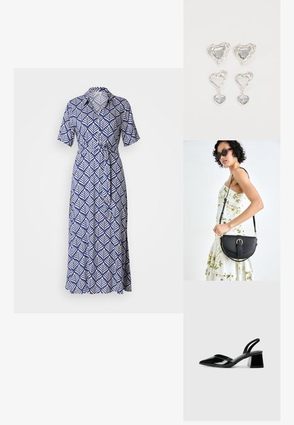 Tengernadrágú, tengerészkék ruha fehér levélmintával, galléros nyakkal és megkötős derékkal, lágy, térdhosszig érő szoknyával.; Fekete lakk bőr szandálkés magas sarkú cipő, hegyes orral és geometrikus tömbsarkakkal. Karcsú, minimalista dizájn és sima textúra jellemzi.; Fekete bőrtáska ívelt formával, levehető pánttal és arany színű fémrészekkel. A táskán egy csattal díszített fedél található.; Ez az ezüst szív alakú fülbevaló sima, átlátszó kövekkel rendelkezik, texturált kerettel. A készlet stud és csepp stílust is tartalmaz.