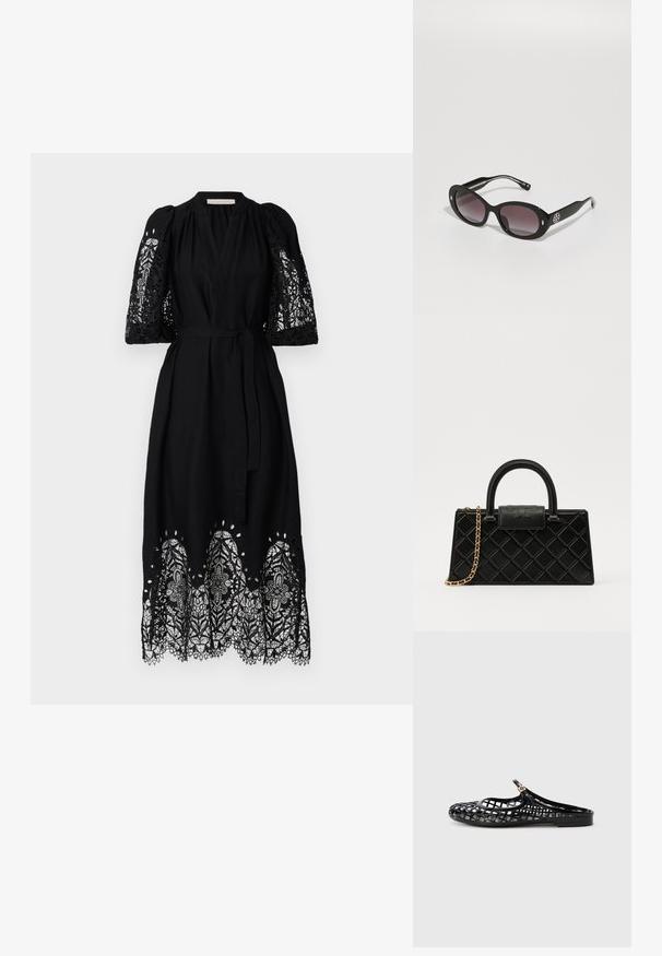 Vanessa Bruno CANESSA - Freizeitkleid - noir; Tory Burch MELLOW MARY JANE - Pantolette flach - perfect black/gold; Schwarze Sonnenbrille mit dunkelverlaufenden Gläsern, ovaler Form, glänzender Oberfläche, mit einem hervorgehobenen Logo an der Seite und silbernen Akzenten.; Schwarze Handtasche aus strukturiertem Leder mit einem Diamantmuster, goldfarbener Kette, einem oberen Griff und einem Logo-Prägung Klappenverschluss.