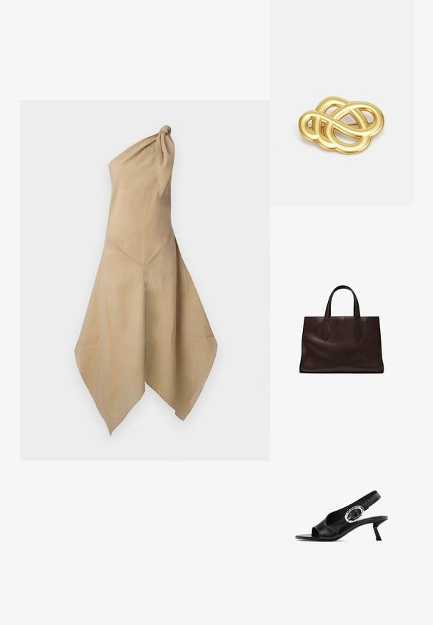 Beige Stoff-Sommerkleid mit einem Schulterträger; verfügt über ein geknotetes Schulterdetail und einen asymmetrischen Saum mit weichem Drapierungseffekt.; Schwarzer Leder-Slingback-Schuh mit offener Spitze, der eine silberne ovale Schnalle am Riemen und einen schlanken Blockabsatz aufweist. Glatte Textur.; Braune Ledertasche mit zwei langen Griffen, strukturierte rechteckige Form, glatte Textur und dezente Nähdetails.; Goldfarbener Brosche mit einem geknoteten Design, sanften, geschwungenen Linien und einer filigranen Form, die eine polierte Oberfläche widerspiegelt.