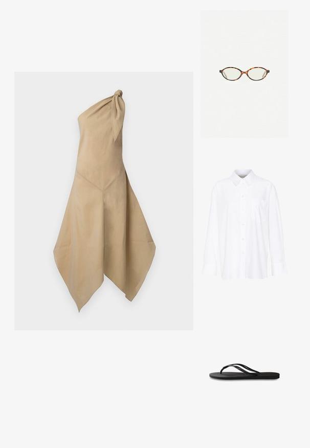 Egyszermágú nyári ruha bézs színű anyagból; csomózott vállrész és aszimmetrikus szegély jellemzi, lágy redőzéssel.; Fehér, hosszú ujjú, galléros ing, amely pamutból készült. Gombos elülső része és egyetlen mellzsebe van. Simított textúra, laza szabás.; Fekete papucs texturált gumitalppal, két vékony pánttal és finom, domború logóval a pánton.; Tortábar színű szemüveg ovális lencsékkel és sima, elegáns felülettel. Vékony szárakkal rendelkezik, amelyeken finom ív található a halántéknál. Átlátszó lencsék.