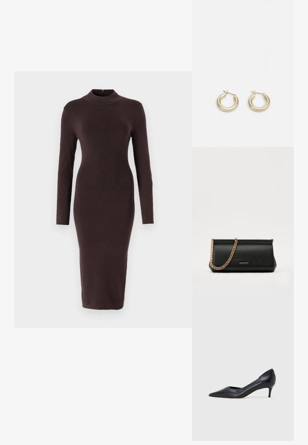 Robe à manches longues et col montant en tissu côtelé marron foncé. Silhouette ajustée avec une coupe droite et un détail de fermeture éclair à l'arrière.; Escarpin en cuir noir avec un bout pointu et un talon bas. Présente une texture lisse et un éclat subtil. Découpe ouverte à l'avant pour un détail supplémentaire.; Sac à main en cuir noir avec une bandoulière en chaîne dorée, présentant une texture lisse, une forme rectangulaire et une marque embossée à l'avant.; Lauren Ralph Lauren BASIC SMALL HOOP - Boucles d'oreilles - gold-coloured