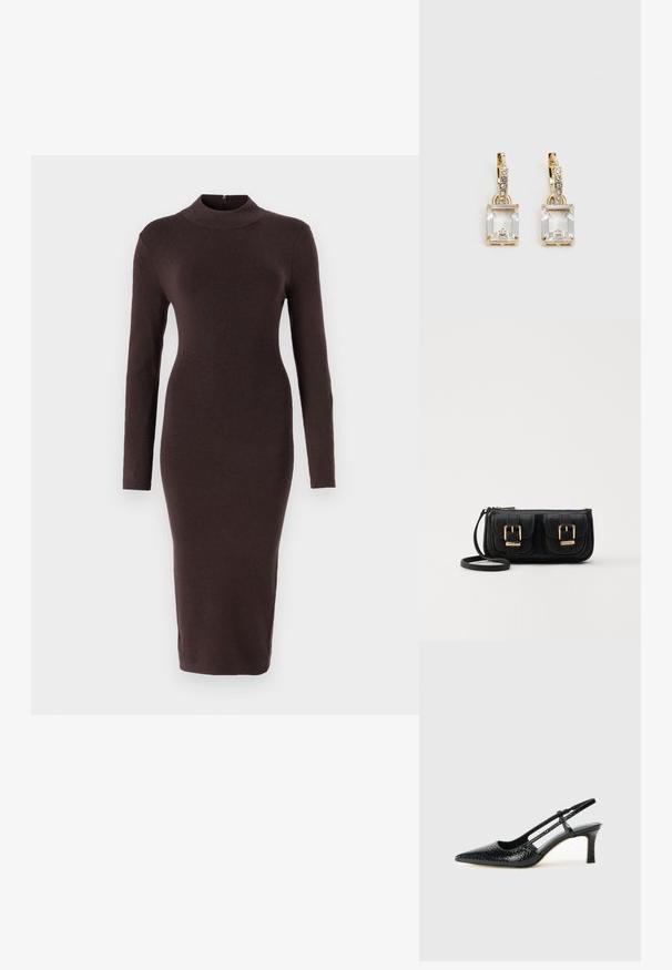 Sukienka z długim rękawem i wysokim kołnierzem w ciemno-brązowym ribbowanym materiale. Dopasowany krój o prostym fasonie z tylnym zamkiem.; Czarne lakierowane czółenka na obcasie typu slingback z wąskim noskiem, z teksturowanym wzorem wężowym, regulowanym paskiem oraz krótkim, teksturowanym obcasem w kształcie słupka.; Czarna skórzana torba na ramię z dwoma przednimi kieszeniami, złotymi klamrami, zamkiem błyskawicznym i cienkim paskiem. Teksturowana powierzchnia i kompaktowy prostokątny kształt.; Złote kolczyki z prostokątnym, przezroczystym kryształem zwisającym poniżej rzędu małych, okrągłych, przezroczystych akcentów. Elegancki, nowoczesny design.