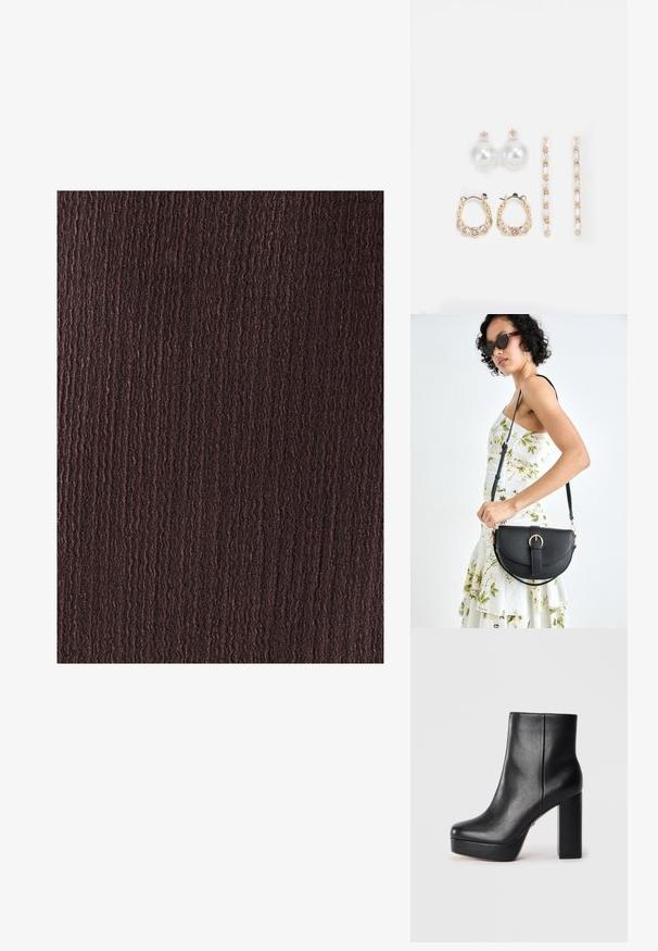 BWLDR ALIAS MIDI - Vabalt langev kleit - chocolate; Must musta platvormiga pahkluudega saapad nelinurkse varbaga ja paksu kõrge plokknina, kujutatud küljelt valge tausta ees.; Mustmust mustraha kõverate joontega, eemaldatava rihmaga ja kuldsete detailidega. Kotil on klapp, millel on pandladetail.; Kolm paari kõrvarõngaid: suured valged pärlstudid, kuldsed rõngad läbipaistvate gemmidega ning kaks pikka, sirget kullast aktsentkõrvarõngast sädeleva detailiga.