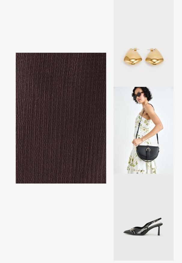 BWLDR ALIAS MIDI - Fodralklänning - chocolate; Svart lackläder slingbacksko med spetsig tå, ankelremmar med silverfärgade spännen och detaljer samt en smal klack.; Svart läderhandväska med en böjd form, avtagbar rem och guldiga detaljer. Väskan har ett lock med en spänndetalj.; Guldtonade metallörhängen med en slät, rundad triangulär form och design med postback; reflekterande yta med minimal detaljering.