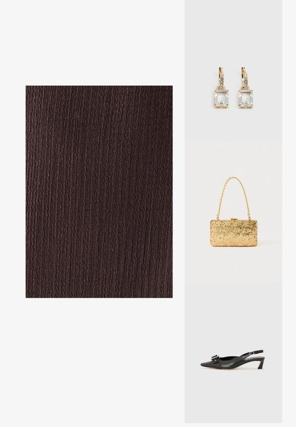 BWLDR ALIAS MIDI - Vestido de tubo - chocolate; Zapato slingback de cuero negro con punta afilada, tacón pequeño y detalle de hebilla decorativa en la parte superior. Textura suave, diseño minimalista.; Clutch dorado de lentejuelas con forma rectangular, que presenta un asa de cadena trenzada y un cierre de metal, reflejando la luz con un acabado texturizado.; Pendientes en tono dorado con un cristal rectangular y transparente que cuelga por debajo de una fila de pequeños acentos redondos y claros. Diseño elegante y moderno.