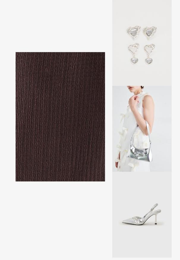BWLDR ALIAS MIDI - Etuikleid - chocolate; Silberner Slingback-High-Heel-Schuh mit spitz zulaufender Zehenpartie, metallic-finish, zwei dekorativen Riemen und einem schlanken Absatz mit schwarzer Spitze.; Silberne metallische Handtasche mit strukturierter Form, ausgestattet mit einem oberen Griff und einer Schleifenapplikation auf der Vorderseite. Glatte Textur, reflektierendes Finish.; Silberne herzförmige Ohrringe mit facettierten klaren Steinen und einem strukturierten Rahmen. Das Set umfasst Stecker- und Anhänger-Stile.