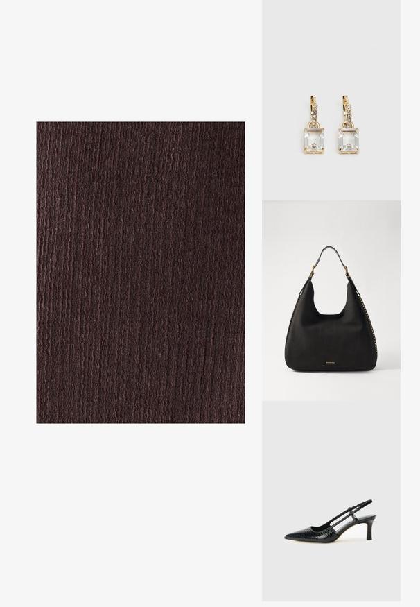 BWLDR ALIAS MIDI - Etui-jurk - chocolate; Zwart patent slingback hak met een spitse neus, voorzien van een gestructureerde slangenprint, verstelbare band en een korte, gestructureerde blokhak.; MICHAEL Michael Kors NOLITA HOBO  - Handtas - black; Gouden oorbellen met een rechthoekige, heldere kristal die onder een rij kleine, ronde heldere accenten hangt. Strak, modern ontwerp.