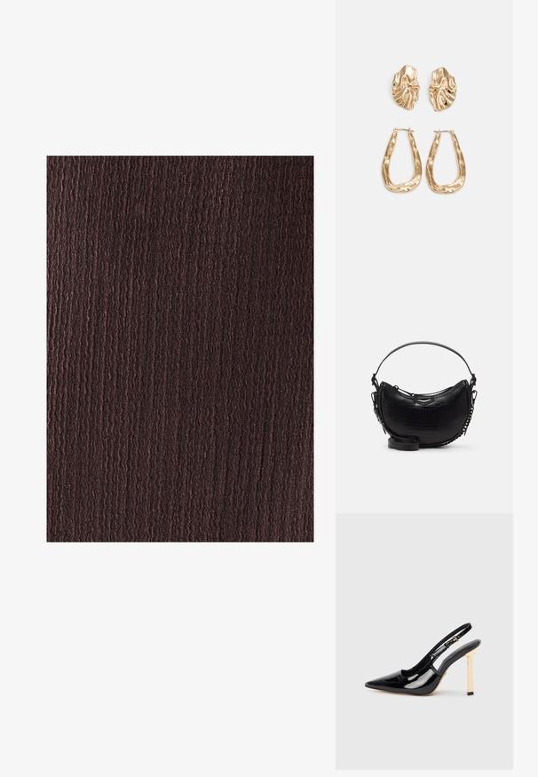 BWLDR ALIAS MIDI - Vabalt langev kleit - chocolate; Mustmust mustjalanik strappy kõrge kontsaga king, millel on terav nina ja kuldse tooni ruudukujuline kand. Omab reguleeritavat pahkluu rihma.; Must have musta nahk-efektega käekott, millel on kumer kuju, eemaldatav õlapael ja ees särav metalliline detail.; Kuldse värvi kõrvarõngad, mis on kaunistatud tekstuursete ja laineliste kujunditega. Komplektis on skulpturaalsed klamber kõrvarõngad ja avatud rõngasdisain, millel on lõhestatud viimistlus.