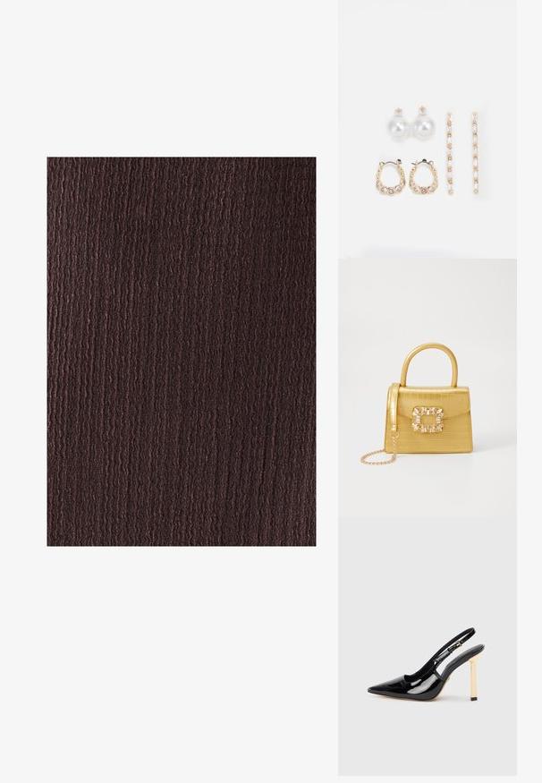 BWLDR ALIAS MIDI - Kotelomekko - chocolate; Mustat patenttinen nahkakengät korkean korolla, joissa on terävä kärki ja kultainen neliön muotoinen korostuskorko. Varustettu säädettävällä nilkkahihnalla.; Keltainen keinonahkainen krokotiililaukku, jossa on jämäkkä muotoilu, yläkahva, irrotettava ketjusanka ja koristeellinen kristallikoristelu lukossa.; Kolme paria korviksia: suuret valkoiset helmetuoksut, kultaketjut, joissa on kirkkaat jalokivet, ja kaksi pitkiä, suoria kultakoristekorviksia, joissa on kimaltelevia yksityiskohtia.