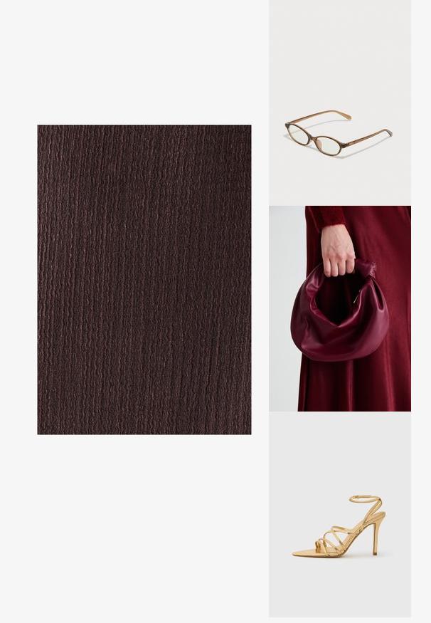 BWLDR ALIAS MIDI - Pārliekama kleita - chocolate; Zelta siksniņu augstpapēžu sandalē ar norādītu pirkstu, metālisku apdari, slaidu potītes siksnu un teksturētu papēdi. Elegants dizains ar minimāliem akcentiem.; Brūnas bruņurupuču čuguna brilles ar ovālām lēcām, plānām kājām un caurspīdīgām akcentiem. Uz tempļa ir smalka logo. Sleek, viegla konstrukcija.; Burgundijas ādas rokassoma ar mīkstu, sakrautu dizainu un apaļu formu. Rokturi ir nostiprināti, parādot gludu tekstūru.