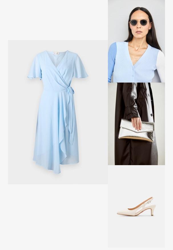 Abito avvolgente blu chiaro con maniche a palloncino corte, vita con cintura a legare e orlo drappeggiato, realizzato in tessuto morbido per una silhouette fluida.; Slingback bianco con punta affusolata, materiale superiore liscio, tacco basso a blocco e design con ritagli laterali, dotato di cinturino regolabile con fibbia.; Occhiali da sole rotondi con lenti scure e montatura dorata. Il modello indossa un cardigan leggero azzurro a costine con bottoni e maniche bianche a contrasto.; Clutch metallico argento con un design a busta angolare, texture liscia e colore interno a contrasto, tenuto in mano da una persona che indossa un cappotto nero.