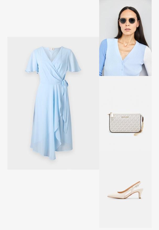 Rochie în nuanță de albastru deschis, cu mâneci scurte tip fluture, talie legată și tiv drapat, confecționată dintr-un material neted pentru o siluetă fluidă.; Sandaie cu toc alb, cu vârful ascuțit, material superior neted, toc mic tip bloc și design cu decupaj lateral, cu curea ajustabilă.; Ochelari de soare rotunzi cu lentile întunecate și rame aurii. Modelul poartă un cardigan ribbed de culoare albastru deschis cu nasturi și mâneci albe în contrast.; Clutch Michael Kors din canva acoperit bej, cu un model repetitiv al logo-ului MK, accesorii din aur și o curea cu lanț detașabil.