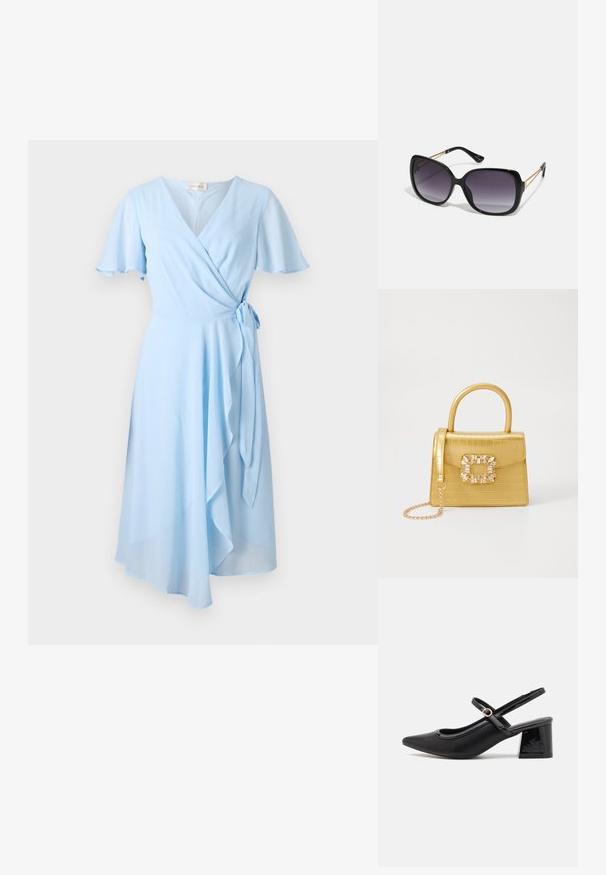 Svijetloplava haljina s omotom, kratkim lepršavim rukavima, s vezanjem u struku i drapiranim rubom, izrađena od glatkog materijala za lepršavu siluetu.; Crne lakirane slingback visoke potpetice s šiljastim vrhom, zaobljenim izrezom i blok potpeticom. Sadrži akcent zlatnog tona s kopčom.; Crne prevelike sunčane naočale s gradijentnim lećama, debelim okvirom i zlatnim lancem kao detaljem na krakovima.; Žuta torbica od umjetnog krokodila sa strukturiranim dizajnom, gornjom ručkom, odvojivim lančićem i dekorativnim kristalnim ukrasom na kopči.; Zlatni prsten s teksturiranim, valovitim dizajnom koji ima tri istaknuta vrha. Glatka, sjajna površina s otvorenom trakom za podešavanje veličine.