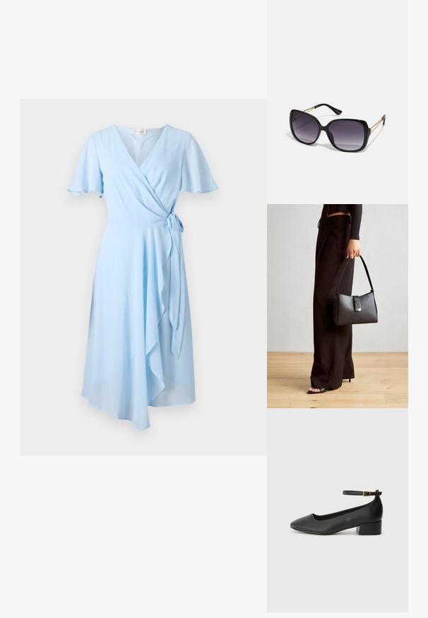 Hellblaues Wickelkleid mit kurzen, flatternden Ärmeln, einem gebundenen Taille und einem drapierten Saum, aus glattem Stoff für eine fließende Silhouette.; Schwarze Lederpumps mit spitzem Zehenbereich und niedrigem Blockabsatz. Mit einem Knöchelriemen und einer goldfarbenen Schnalle. Glatte Textur.; Schwarze übergroße Sonnenbrille mit getönten Gläsern, dicken Rahmen und goldfarbener Kettendetaillierung an den Bügeln.; Schwarze Handtasche mit strukturierter Form, glatter Textur und einem metallischen Verschluss. Kombiniert mit weiten schwarzen Hosen und offenen Sandalen auf einem Holzboden.