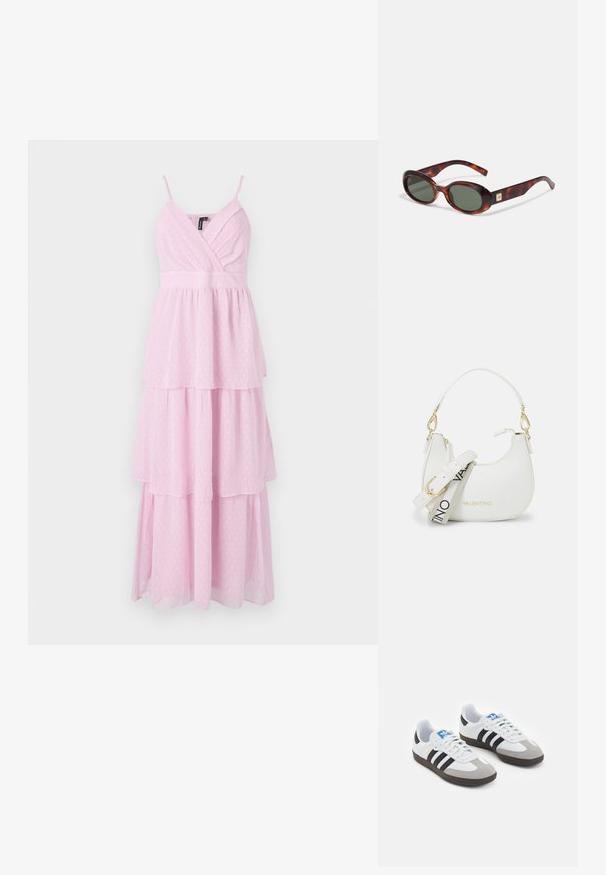 Vestido maxi cor-de-rosa em camadas com alças finas, apresentando um corpete envolvente e um padrão de bolinhas em um tecido leve e texturizado.; Ténis desportivos com um cabedal em pele branca, biqueira em camurça cinza e três riscas pretas. Apresenta um logo azul na língua e uma sola de borracha texturizada.; Óculos de sol tartaruga com lentes escuras, de forma oval e com hastes largas. Apresenta um pequeno detalhe dourado do lado. Material de plástico liso.; Bolsa branca com uma silhueta curvada, couro texturizado, acessórios em dourado e uma alça destacável com detalhe de logotipo e fivela.