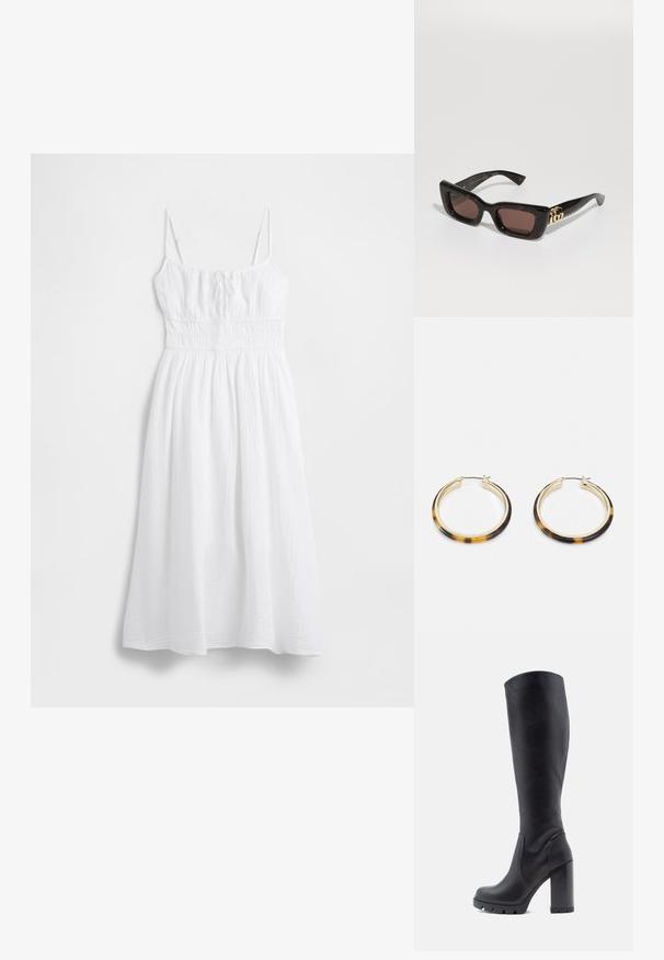 Hvid maxikjole lavet af struktureret stof, med tynde justerbare stropper, elastisk talje og en flydende nederdel. Glat, let materiale.; Sort knæhøj støvle, glat lædermateriale, kraftig hæl, rund tå, tekstureret sål med greb, slankt design uden udsmykninger.; Sorte skildpadde solbriller med rektangulære linser, brun tint, tyk ramme og guld dobbelt-G logo detalje på stangen.; Guldtonede hoop øreringe med en skildpadde-mønstret harpikskant, der har en glat finish og en elegant, rund form.