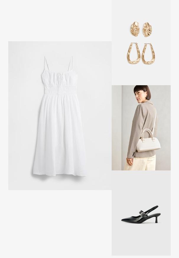 Robe longue blanche en tissu texturé, avec fines bretelles réglables, taille smockée et jupe fluide. Matière lisse et légère.; Escarpins slingback en cuir verni noir avec un bout pointu et un petit talon bloc, mettant en avant un accent en boucle argentée sur la sangle.; Sac à main structuré blanc avec de courtes poignées et une bandoulière, doté de accents en métal doré et d'un matériau texturé, présenté sur un fond gris.; Boucles d'oreilles dorées présentant des formes texturées et ondulées. Comprend des clips sculpturaux et un design de créoles ouvertes avec une finition martelée.