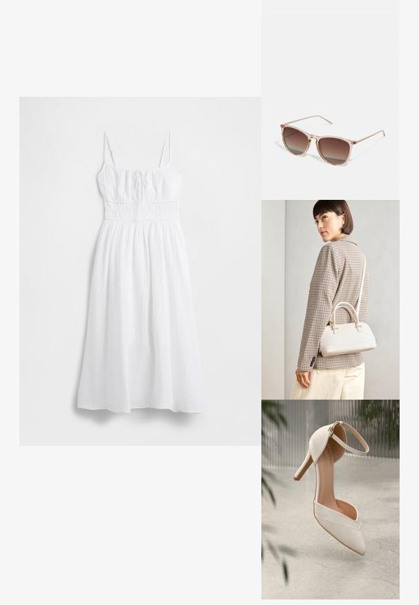 Vit maxiklänning i texturerat tyg med tunna justerbara axelband, resår i midjan och en luftig kjol. Mjukt, lätt material.; Vit högklackad sko i glatt material med spetstopp och ankelsnodd. Har en ljusbrun inredning och guldfärgad detaljer.; Bruna gradient solglasögon med en genomskinlig rosa ram, fyrkantig form och tunna metalldelar. Har rundade kanter och minimal detaljering.; Vitt strukturerat handväska med korta handtag och en axelrem, med gyllene detaljer och texturerat material, visad mot en grå bakgrund.