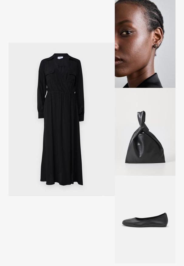 Marella LESSY - Maxikjoler - nero; Sort læderballetsko med rund tå, glat tekstur, minimal syning og et fleksibelt såldesign.; Nanushka JEN - Håndtasker - black; Guldblomster-studøreringe har en tekstureret sort midte og delikat detaljer. Modellen har glat hud og fletninger, som er synlige i profil.