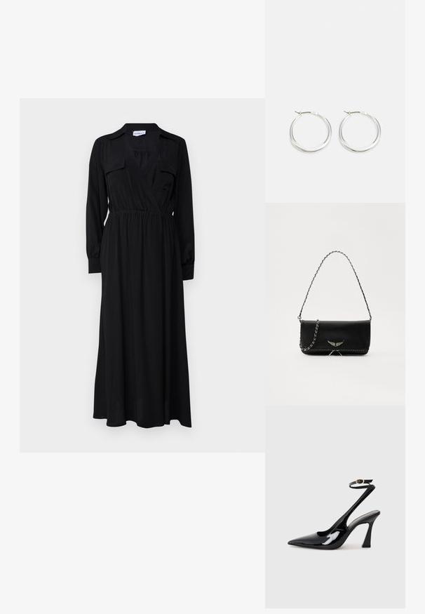 Marella LESSY czarny; Czarne lakierowane szpilki slingback na wysokim obcasie z wydłużonym noskiem, regulowanym paskiem na kostce i umiarkowanym obcasem w kształcie bloku. Gładka struktura z błyszczącym wykończeniem.; Czarna skórzana torebka z srebrnym łańcuszkiem, ozdobiona dekoracyjnymi skrzydłami i białym przeszyciem wzdłuż dolnego szwu.; Srebrne kolczyki w formie kół mają gładki, zaokrąglony design z cienkim profilem i bezpiecznym zapięciem. Minimalistyczny styl z polerowanym wykończeniem.