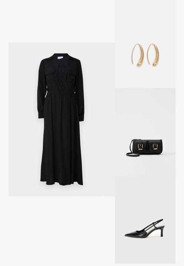 Marella LESSY - Maksi suknelė - nero; Juodai lakuoti slingback aukštakulniai su smailiu nosiu, su tekstūruotu gyvatės raštu, reguliuojama juosta ir trumpu, tekstūruotu blokiniu kulnu.; Juodas odinis per petį nešiojamas krepšys su dviem priekiniais kišenėmis, auksiniais sagtimis, užtrauktuko uždarymu ir siauromis petnešomis. Textūruota paviršius ir kompaktiškas stačiakampis formatas.; Auksinės metalinės auskarų kabės su lenktą, pailgą forma. Turi lygų, blizgantį paviršių ir užapvalintą galiuką papildomam akcentui.