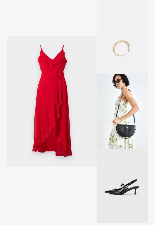 Vestido rojo largo hasta el suelo con tirantes finos y detalles con volantes. Tejido ligero con un dobladillo asimétrico y textura suave.; Zapatos de tacón en charol negro con tira al tobillo, punta afilada y un pequeño tacón bloque, que cuentan con un acento de hebilla plateada en la correa.; Bolso de piel negra con forma curva, correa desmontable y herrajes dorados. El bolso cuenta con una solapa con un detalle de hebilla.; Anillo en tono dorado con un diseño orgánico y retorcido, con una textura suave y extremos cónicos, creando una apariencia moderna y escultórica.