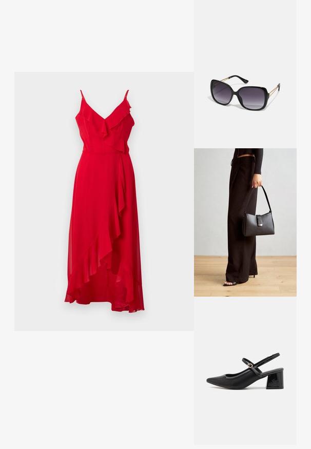 Rochie roșie, până la podea, cu bretele subțiri și detalii volan. Material ușor, cu o linie asimetrică la margine și o textură moale.; Cizme cu toc slingback din piele sintetică lacuită neagră, cu vârful ascuțit, un design cu decupaj rotunjit și toc bloc. Include un accent cu cataramă de culoare aurie.; Ochelari de soare negri, supradimensionați, cu lentile degradate, rame groase și detalii cu lanț de ton auriu pe brațele templului.; Genți negre cu o formă structurată, textură netedă și un închizător metalic. Asortată cu pantaloni negri largi și sandale cu vârf deschis pe un podea din lemn.