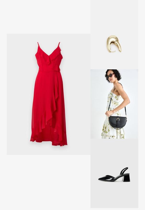 Rdeča obleka do tal z nitkami in volančki. Lahka tkanina z asimetričnim robom in mehko teksturo.; Črne lakirane slingback pete s koničastim nosom in geometrijsko blokasto peto. Imajo eleganten, minimalističen dizajn in gladko teksturo.; Črna usnjena torbica s ukrivljeno obliko, z odstranljivo naramnico in zlatimi dodatki. Torbica ima pokrov s podrobnostmi v obliki zaponke.; Uhane nakit iz zlatastega tona z gladko, ukrivljeno zasnovo. Ima edinstveno koničasto obliko, polirano površino in zaponko s tečajem.
