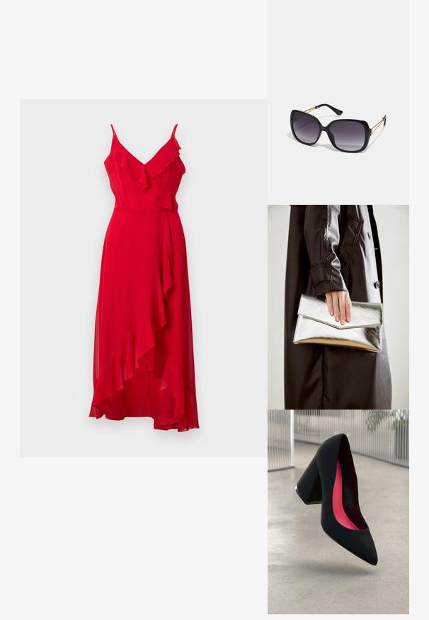 Rotes, bodenlanges Kleid mit Spaghettiträgern und Rüschendetails. Leichter Stoff mit asymmetrischem Saum und weicher Textur.; Schwarzer High Heel Schuh mit spitzer Zehe, strukturiertem Obermaterial und lebhaftem pinken Innenraum. Verfügt über einen dicken Absatz mit silberner Akzentuierung.; Schwarze übergroße Sonnenbrille mit getönten Gläsern, dicken Rahmen und goldfarbener Kettendetaillierung an den Bügeln.; Silberner metallischer Clutch mit einem eckigen Umschlagdesign, glatter Textur und kontrastierender Innenfarbe, gehalten in einer Hand, die einen schwarzen Mantel trägt.