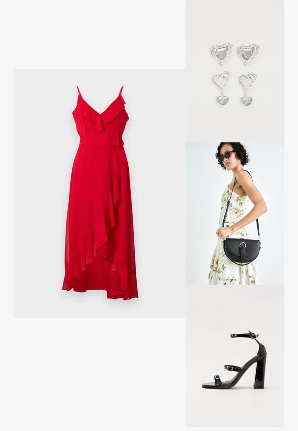 Vestido vermelho, até ao chão, com alças finas e detalhes em babados. Tecido leve com uma bainha assimétrica e textura suave.; Sandálias de tacão preto laqueadas com bico quadrado, tiras para o tornozelo e fivelas prateadas. Apresentam um salto bloco chunky para estabilidade.; Bolsa de couro preta com forma curva, alça destacável e detalhes em dourado. A bolsa possui uma aba com detalhe de fivela.; Os brincos em forma de coração prateados apresentam pedras claras facetadas, com uma moldura texturizada. O conjunto inclui estilos de botão e de gota.