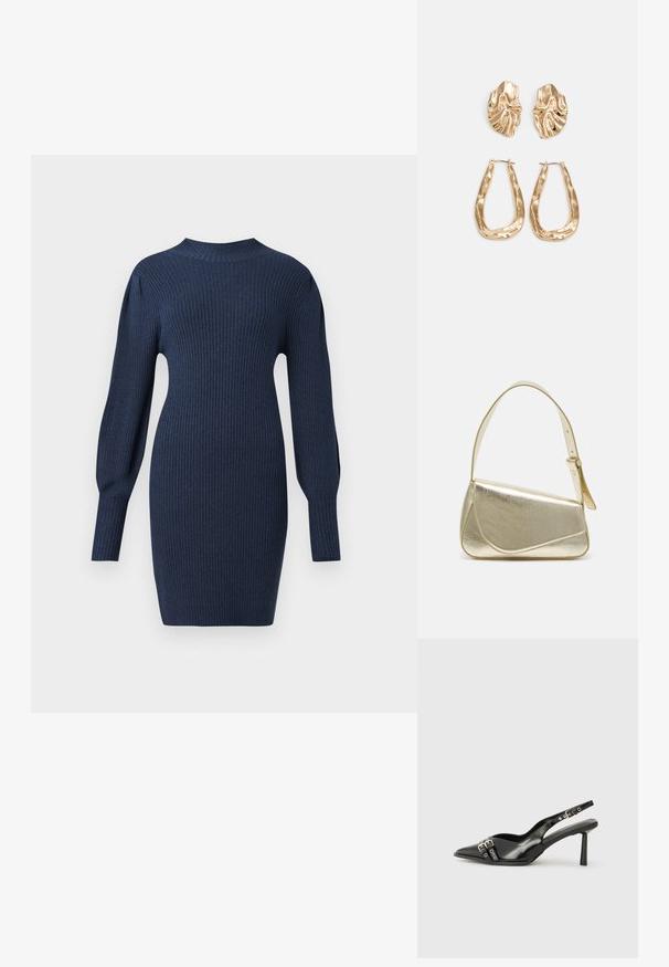 Jūras spēku zila ribu adījuma kleita ar garām piedurknēm, apaļu dekoltē un pieguļošu siluetu, kas izceļas ar smalku tekstūru un garumu virs ceļgaliem.; Melnā patentēta ādas sandale ar norādītu purngalu, potītes siksniņām ar sudraba sprādzēm un aparatūru, kā arī smalku papēdi.; Zelta metāla somiņa ar strukturētu dizainu, gludu tekstūru un regulējamu siksniņu. Iezīmējas ar unikālu trīsstūrveida formu un minimālistisku šuvumu.; Zelta krāsas auskari ar teksturētām, viļņotām formām. Iekļauts skulpturāls piespraužams modelis un atvērta gredzenveida konstrukcija ar izsistām virsmām.