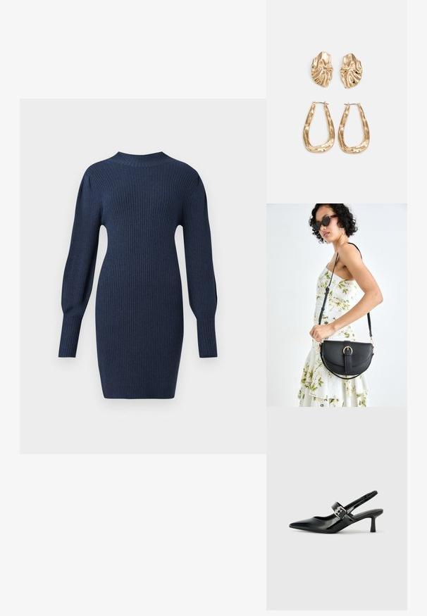 Marineblå ribbestrikket kjole med lange ermer, rund halslinning og figurnær silhuett, med subtil tekstur og lengde over kneet.; Svarte patent lær slingback hæler med spiss tå og en liten blokkheel, med en sølvspenne som detalj på stroppen.; Svart lærveske med en buet form, avtagbar stropp og gullbeslag. Vesken har et klaff med spenne-detall.; Gullfargede øredobber med teksturerte, bølgete former. Inkluderer skulpturelle klipsstuds og åpen hoop-design med en hamret finish.