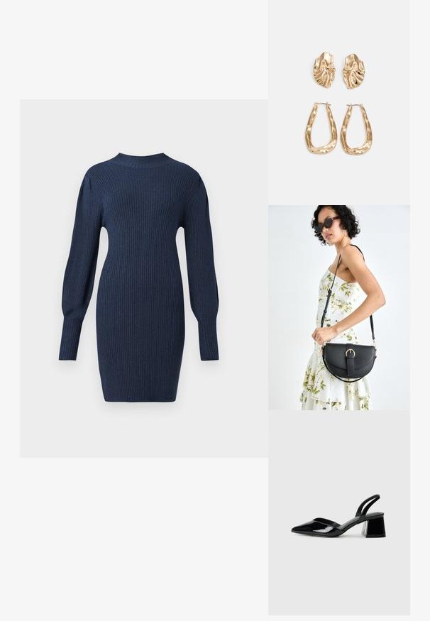 Tengerész kék bordás kötött ruha hosszú ujjal, kerek nyakkivágással és testhezálló siluettel, finom textúrával, amely térd felett végződik.; Fekete lakk bőr szandálkés magas sarkú cipő, hegyes orral és geometrikus tömbsarkakkal. Karcsú, minimalista dizájn és sima textúra jellemzi.; Fekete bőrtáska ívelt formával, levehető pánttal és arany színű fémrészekkel. A táskán egy csattal díszített fedél található.; Aranyszínű fülbevalók, texturált, hullámos formákkal. Tartalmazza a szobrászati klipszes studokat és az open hoop kialakítást, kalapácsos felülettel.