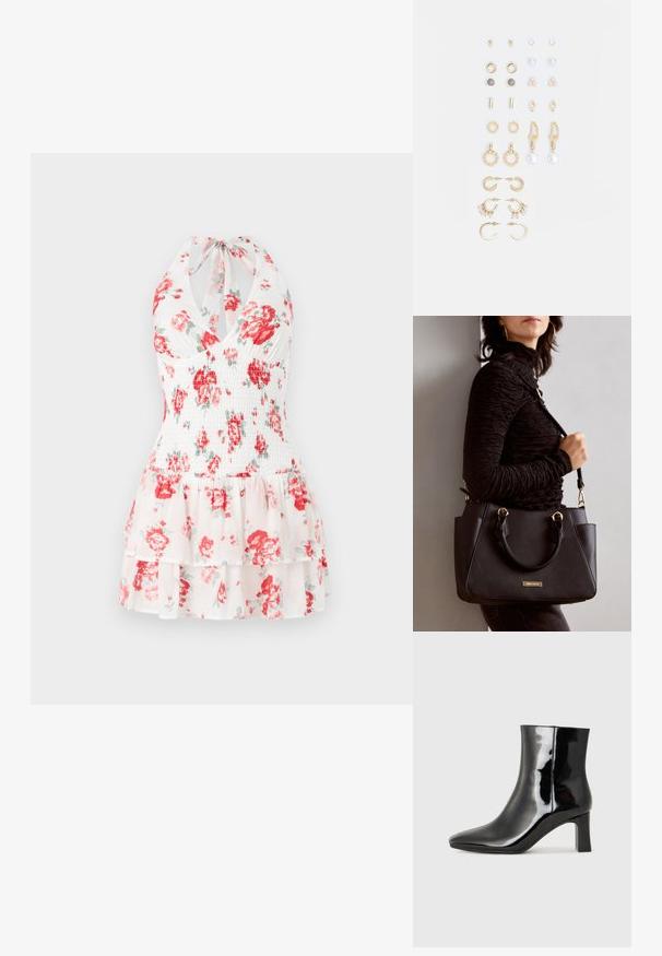 Hahlari kukkakuvioinen mekko, jossa on valkoinen kangas punaisilla ja vihreillä kukkakuosisilla, smock-kohdalla ja kerroksellisella röyhelöhelmalla.; Musta patenttilakattu nilkkuri, jossa on terävä kärki ja keskipitkä lohkarekorko. Silkkinen pinta ja minimalistinen muotoilu.; Musta käsilaukku, jossa on teksturoitu pinta, kaksi yläkantta ja säädettävä olkahihna. Varustettu kultasävyisillä varusteilla ja sivutaskuilla.; Kultasetti kultaisenvärisiä korvakoruja, jotka sisältävät erilaisia muotoiluita, kuten nappikorviksia, rengaskorviksia ja roikkuvia korviksia, joissa on helmiä ja strasseja.