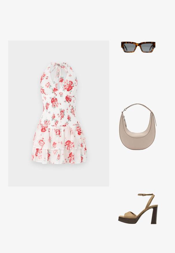 Květinové šaty na halter s bílým materiálem, na kterém jsou červené a zelené květinové vzory, smocked korzet a vrstvený volánkový lem.; Bežové semišové sandály na vysokém podpatku s širokým předním páskem a páskem kolem kotníku, s masivním dřevěným blokovým podpatkem s texturovaným povrchem.; Sluneční brýle s želvovinovým vzorem, hranatými rámečky, šedými skly a hladkým povrchem. Vyznačují se odvážným geometrickým designem a silnými stranami.; Světle béžová kožená kabelka přes rameno s půlměsíčovým tvarem, hladkým povrchem a jedním zakřiveným uchopem. Obsahuje zipový uzávěr a upravené švy.