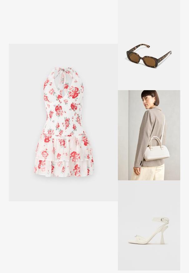 Virágmintás, pánt nélküli ruha, amely fehér anyagból készült, piros és zöld virágmintákkal, ráncolt mellel és réteges fodros aljjal.; Fehér bőr, pántos, magas sarkú szandál, letisztult limezéssel, átlátszó blokk sarkakkal és díszítő elemmel a lábujjaknál.; Teknősbéka mintázatú napszemüveg kerek, vastag kerettel és barna lencsékkel. Finom mintázattal és egyenes, keskenyedő szárakkal rendelkezik.; Fehér, strukturált kézitáska rövid füllel és vállpánttal, arany színű fém kiegészítőkkel és texturált anyagból, szürke háttér előtt bemutatva.