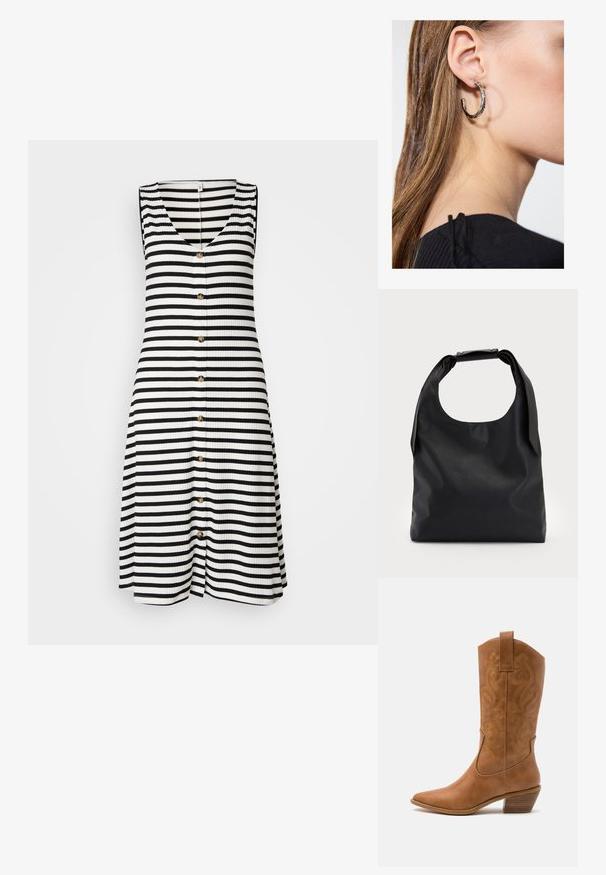 Juostuota jurisdikcija be rankovių juoda ir balta spalvomis, su V formos iškirpte, griovelio tekstūra ir septyniais auksiniais mygtukais priekyje.; Ruda odinė kantri batai su smailiu būtų pirštu, siuvinėtais spiralės raštais ant viršaus ir su kamščiu blokuotu kulnu. Yra tamprių užtraukių, kad būtų lengviau užsidėti.; Juoda odinė rankinė su plačiu atviru viršumi ir vienu petnešėlio dirželiu. Minkšta tekstūra, minimalistinis dizainas, subtilūs metaliniai akcentai.; Sidabrinė lankinė auskarai su poliruotu paviršiumi, turintys mažus auksinius akcentus ir apvalią formą, dėvimi ant ausies kaušelio.