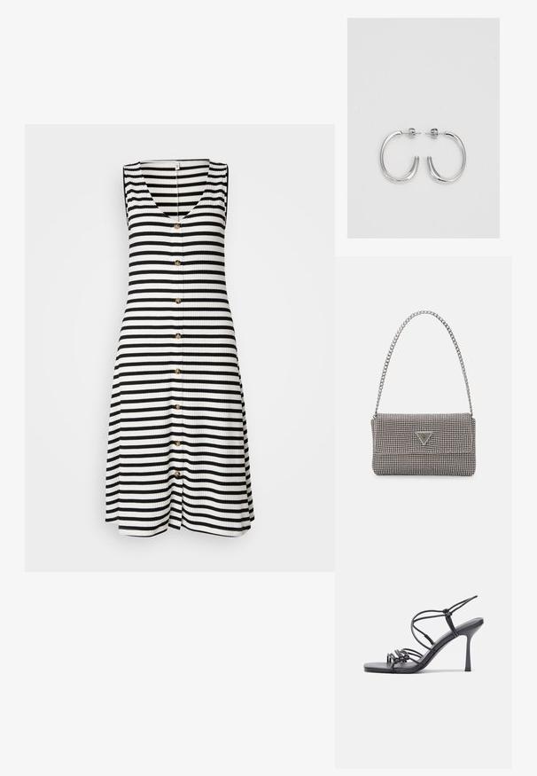 Melnu un baltu svītrotu bez piedurknēm tērpu ar V veida kaklu, ribotu tekstūru un septiņām zelta pogām pa priekšpusi.; Melnas augstpapēžu sandales ar plāniem siksniņām un mezgla dizainu, gluda kvadrātveida purngalu un elegantu stiletto papēdi.; Gaiši pelēka metāla rokassoma ar ķēdes siksnu, rotāta ar mazām apaļām metāla kniedēm un trīsstūra zīmola logo.; Sudraba riņķveida auskari ar gludu, spīdīgu apdari. Apaļas formas, viegla dizaina, ar aizdari uz stieples.