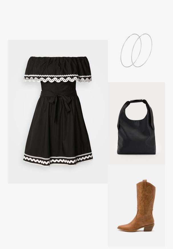 Čierne šaty bez ramienok s volánikmi na výstrihu, bielym scalloped lemovaním, priliehavým pásom a rozšírenou sukňou so zaväzovaním.; Hnedé kožené kovbojské topánky s špicatou špičkou, vyšívanými vírivkami na štýle a blokovým podpätkom. Obsahuje praktický pútko na ľahké obúvanie.; Čierna kožená hobo taška s jedným mäkkým, zaobleným uchom; má hladkú textúru a minimalistický dizajn. Žiadne viditeľné kovanie ani akcenty.; Strieborné kruhové náušnice s minimalistickým dizajnom. Cirkulárny tvar, hladký povrch a tenký profil. Ľahké s lesklým povrchom.