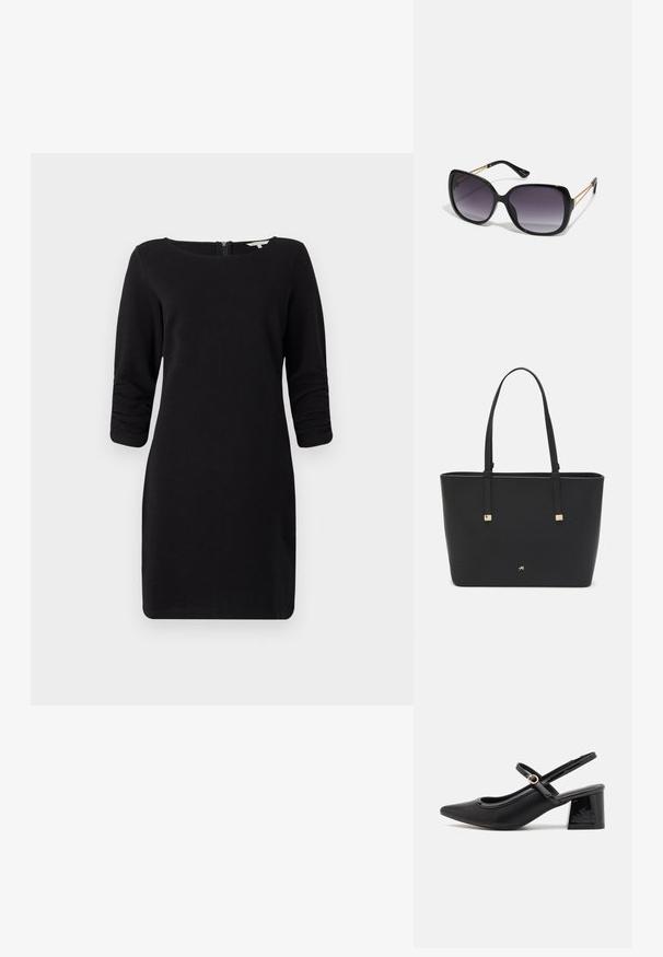 Melna kleita ar trīs ceturtdaļu piedurknēm, ovālu izgriezumu, teksturētu materiālu un aizmugurēju rāvējslēdzēju, piedāvājot pieguļošu siluetu.; Melns patentēts ādas sandales ar norādīta pirksta formu, noapaļotu izgriezuma dizainu un bloķētu papēdi. Iezīmēta ar zelta toņa sprādzi.; Melni pārmērīgi lieli saulesbrilles ar gradāciju lēcām, biezām rāmja malām un zeltainas krāsas ķēžu detaļām uz tempļiem.; Melnā somiņa, kas izgatavota no sintētiska materiāla, ar vienkāršu taisnstūra formu, zelta kvadrātveida akcentiem un divām rokturiem.