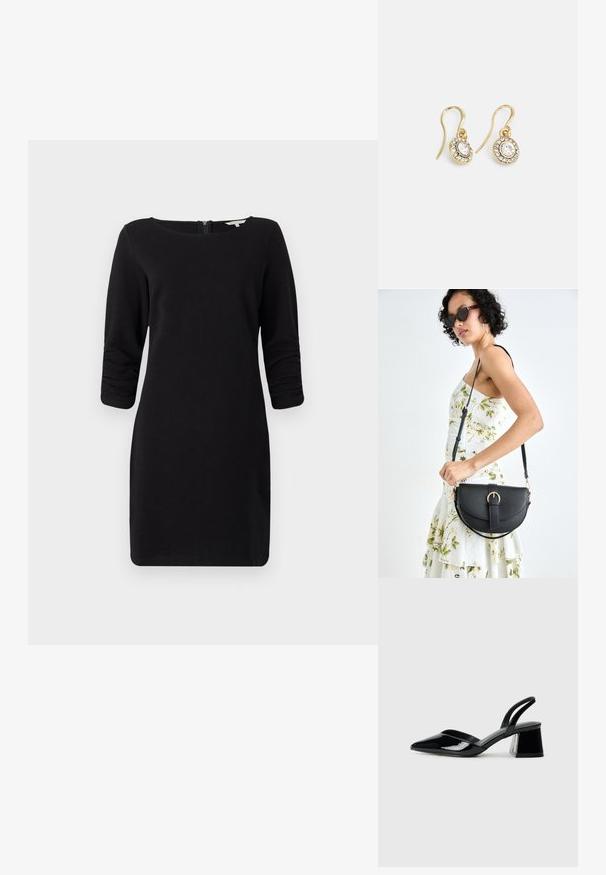 Musta mekko, jossa on kolme neljänneshihaa, pyöreä pääntie, teksturoitu materiaali ja takana vetoketjukiinnitys, tarjoten napakan siluetin.; Mustat patentoitu nahkakengät, joissa on säären takaosa ja terävä kärki, sekä geometrinen palikkakorko. Sisältää tyylikkään, minimalistisen muotoilun ja sileän pinnan.; Musta nahkainen käsilaukku, joka on kaareva muotoilultaan, irrotettavalla hihnalla ja kultaisilla yksityiskohdilla. Laukussa on läppä, jossa on solk yksityiskohta.; Kultaiset korvakorut, joissa on soikeat, läpinäkyvät kivet, joita ympäröivät pienemmät läpinäkyvät kivet. Korvakoruissa on koukkuminen, joka takaa turvallisen käytön.
